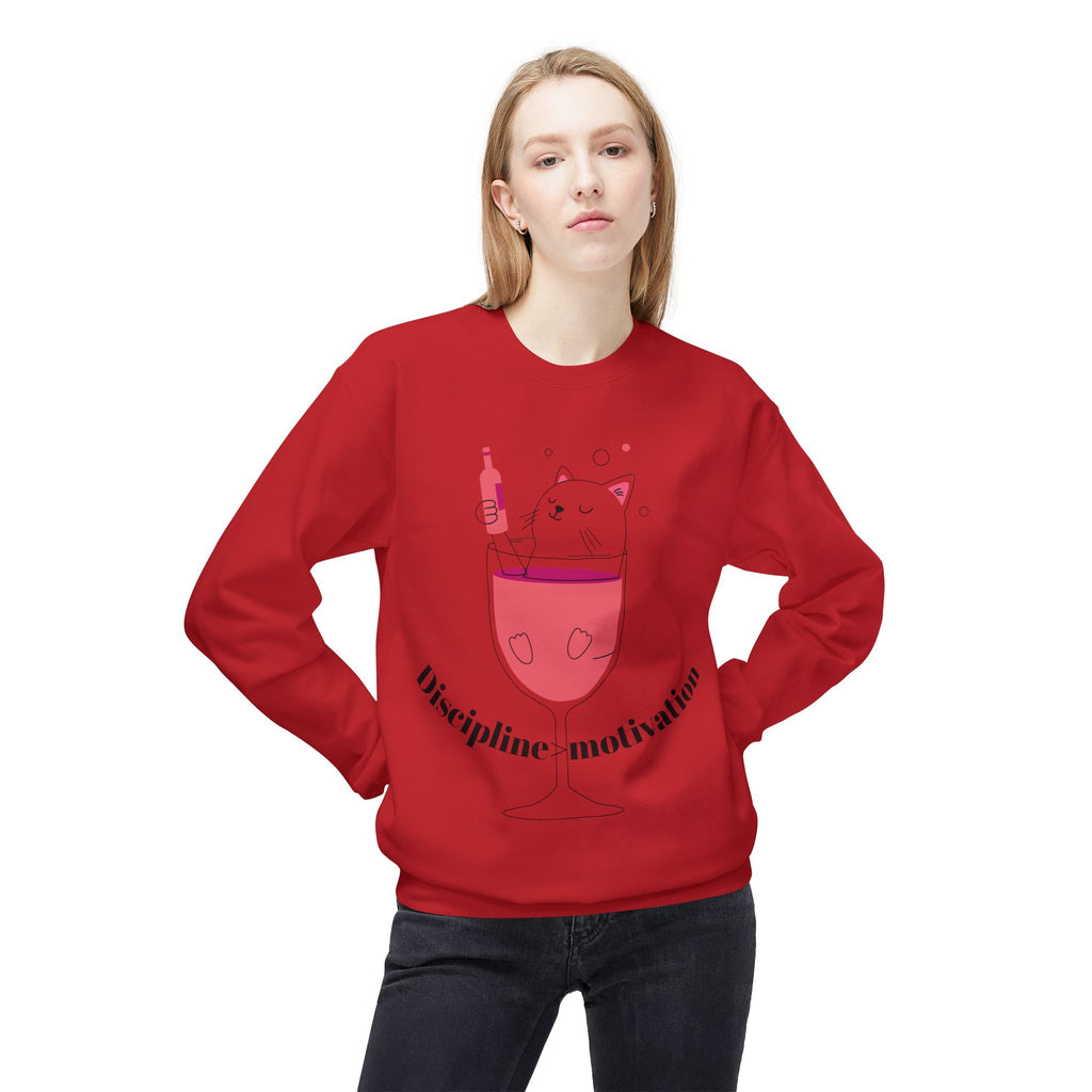 Cat in Wine Glass Crewneck Sweatshirt — "Discipline = Motivation" Cozy Graphic Pullover