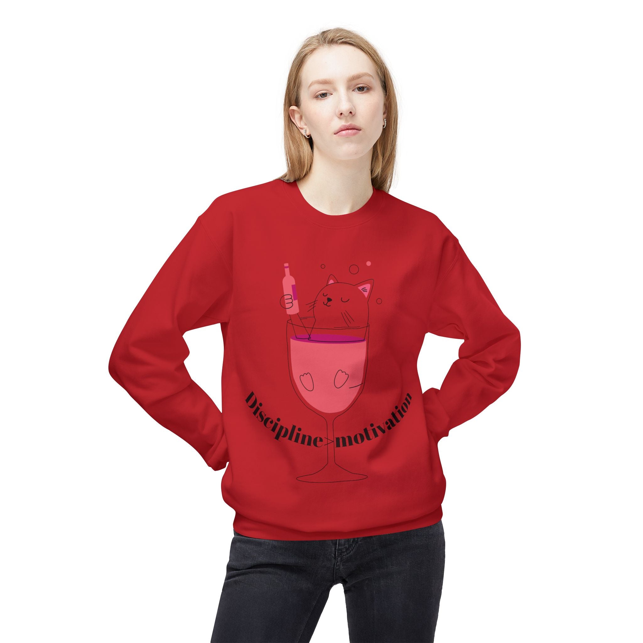 Cat in Wine Glass Crewneck Sweatshirt — "Discipline = Motivation" Cozy Graphic Pullover