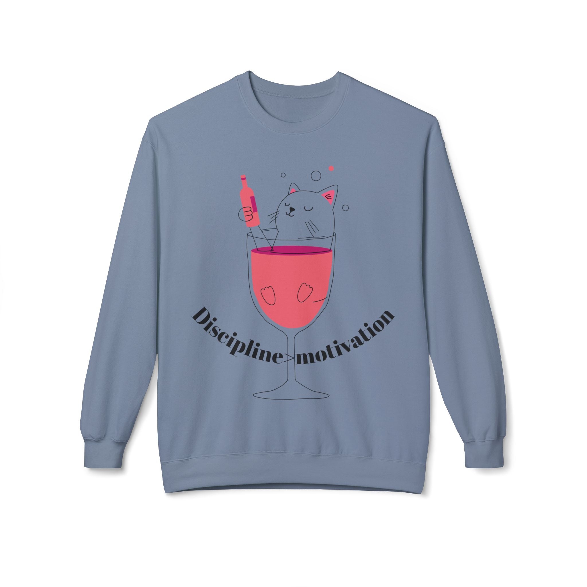 Cat in Wine Glass Crewneck Sweatshirt — "Discipline = Motivation" Cozy Graphic Pullover