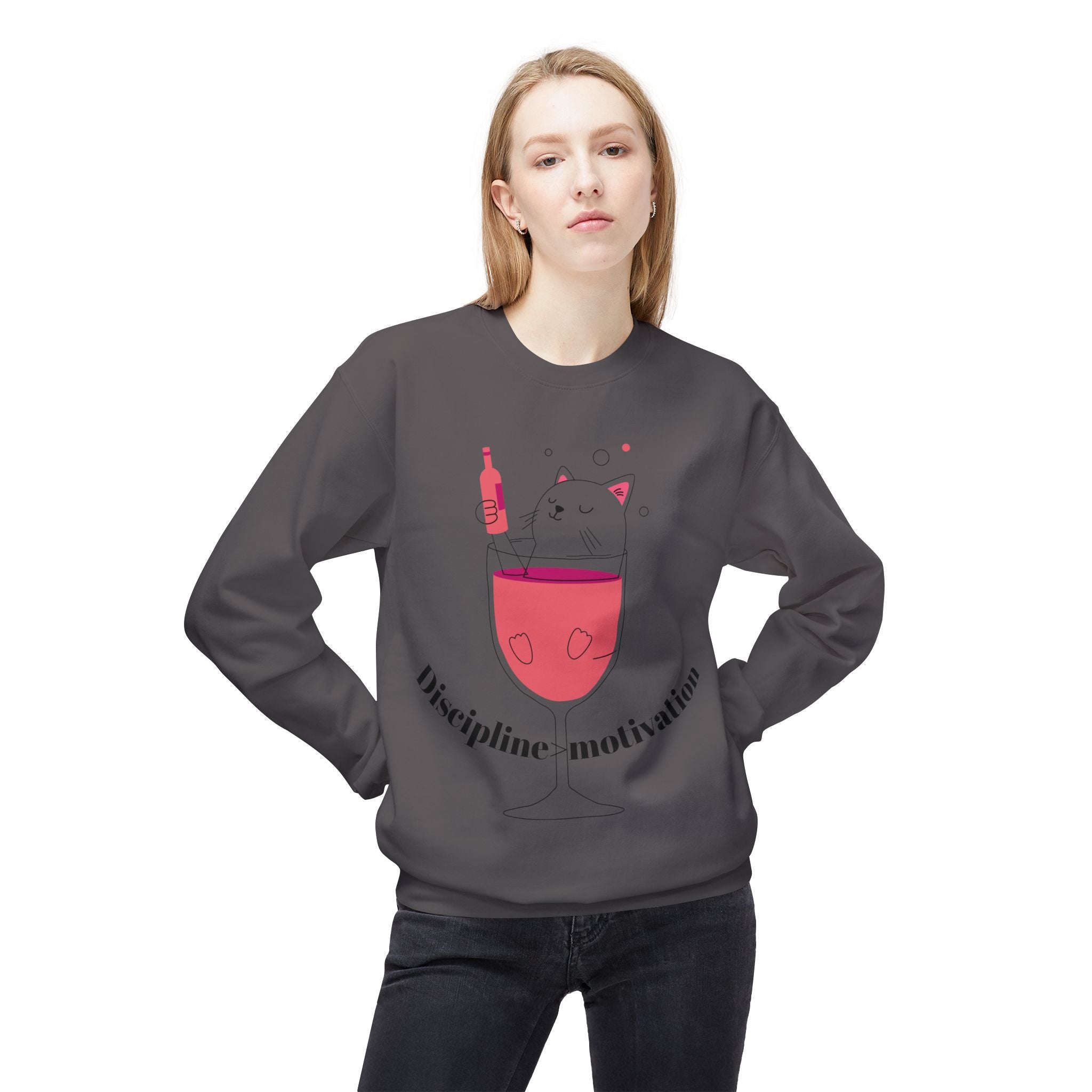 Cat in Wine Glass Crewneck Sweatshirt — "Discipline = Motivation" Cozy Graphic Pullover