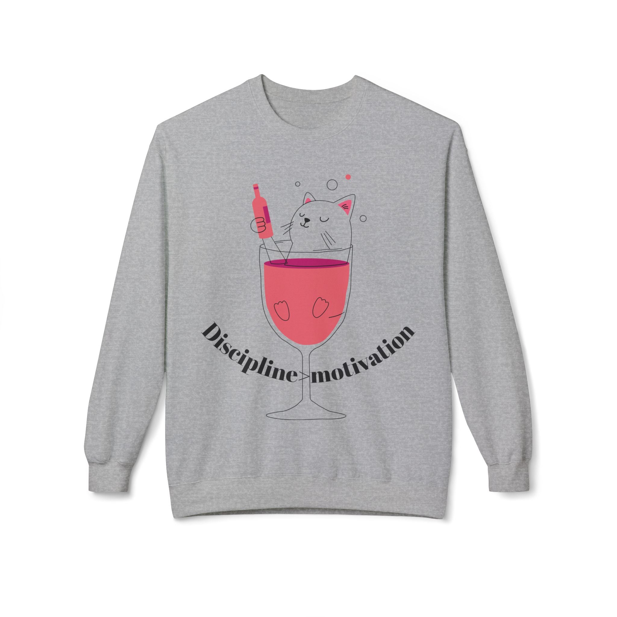Cat in Wine Glass Crewneck Sweatshirt — "Discipline = Motivation" Cozy Graphic Pullover