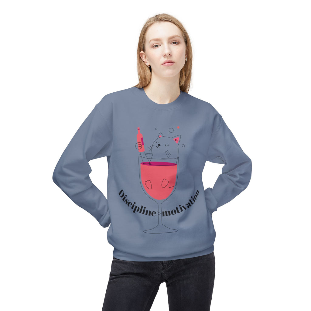 Cat in Wine Glass Crewneck Sweatshirt — "Discipline = Motivation" Cozy Graphic Pullover