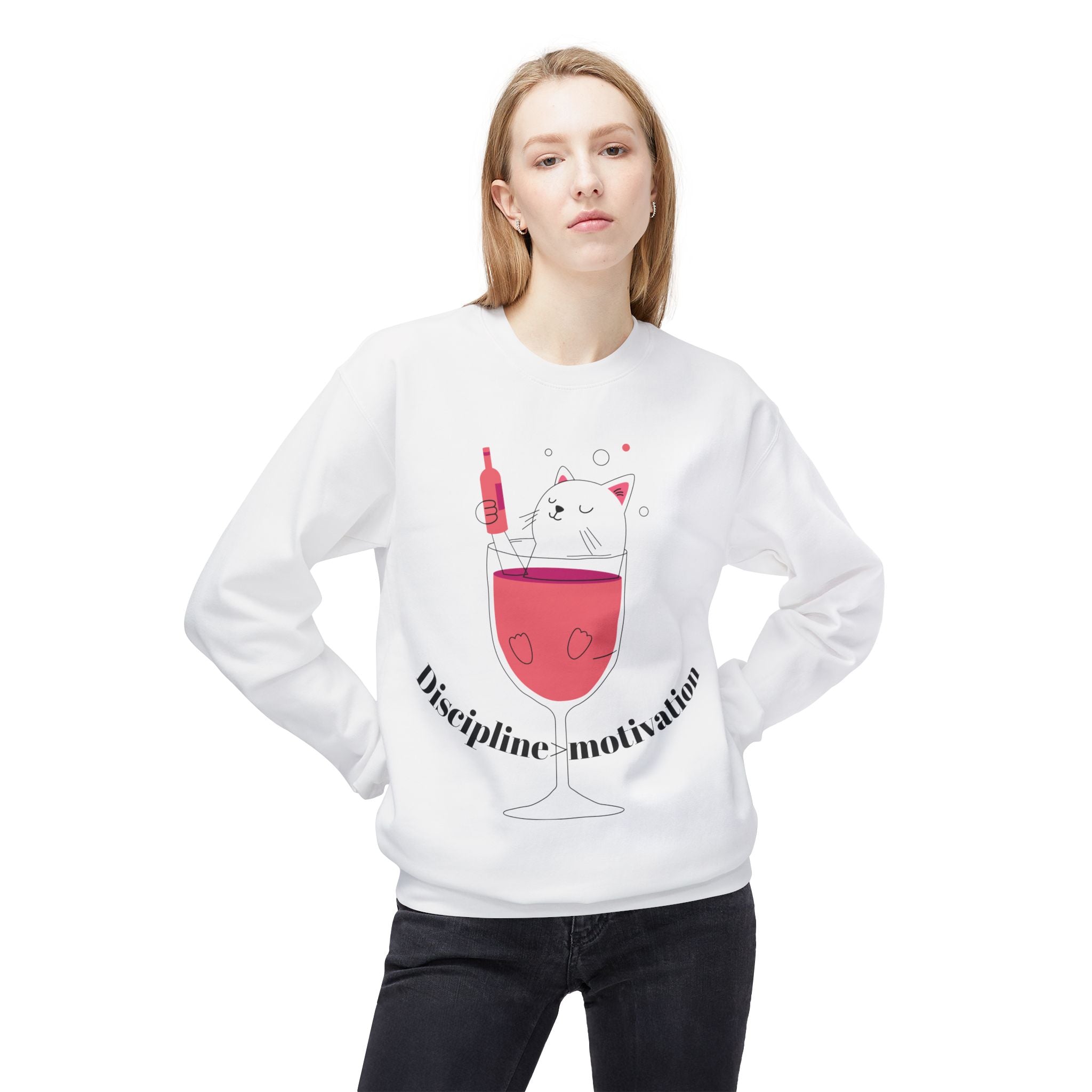 Cat in Wine Glass Crewneck Sweatshirt — "Discipline = Motivation" Cozy Graphic Pullover