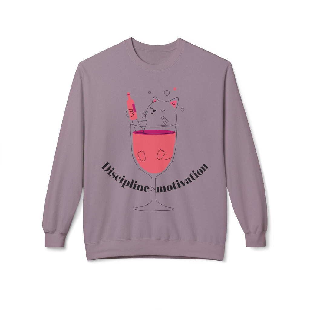 Cat in Wine Glass Crewneck Sweatshirt — "Discipline = Motivation" Cozy Graphic Pullover