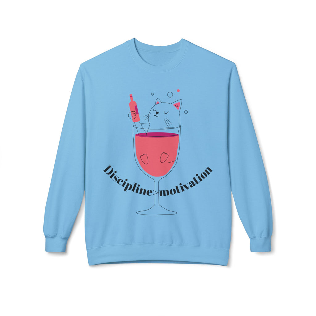 Cat in Wine Glass Crewneck Sweatshirt — "Discipline = Motivation" Cozy Graphic Pullover