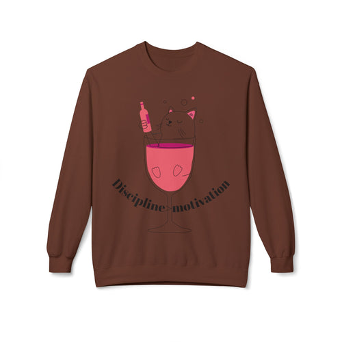 Cat in Wine Glass Crewneck Sweatshirt — "Discipline = Motivation" Cozy Graphic Pullover