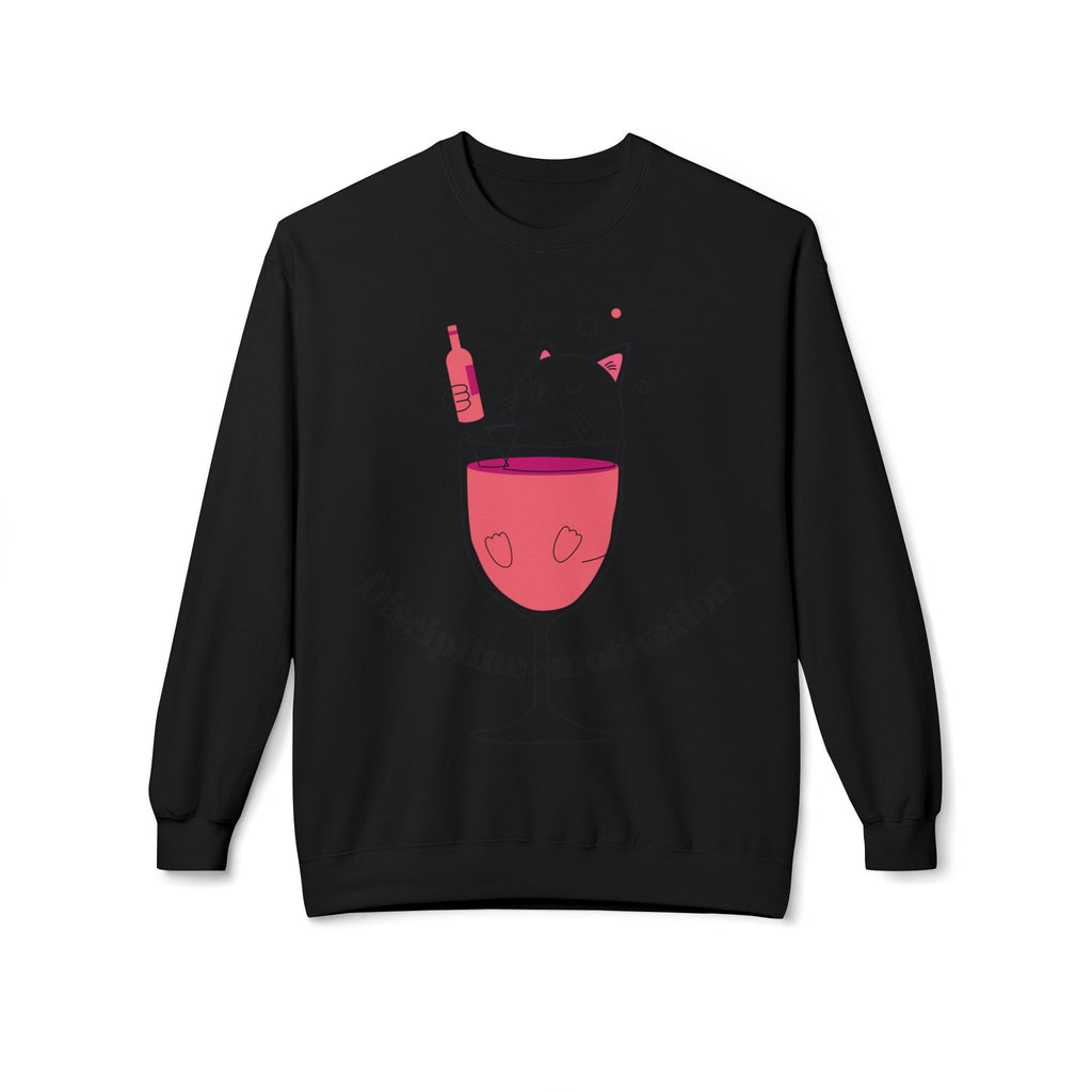 Cat in Wine Glass Crewneck Sweatshirt — "Discipline = Motivation" Cozy Graphic Pullover