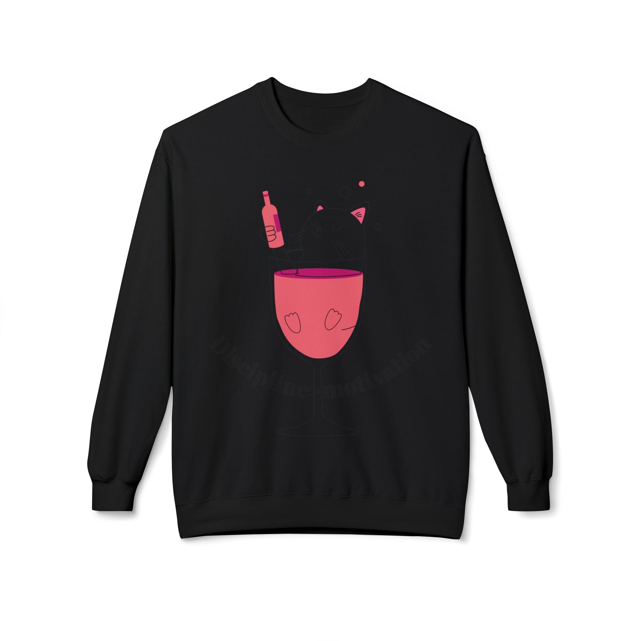 Cat in Wine Glass Crewneck Sweatshirt — "Discipline = Motivation" Cozy Graphic Pullover