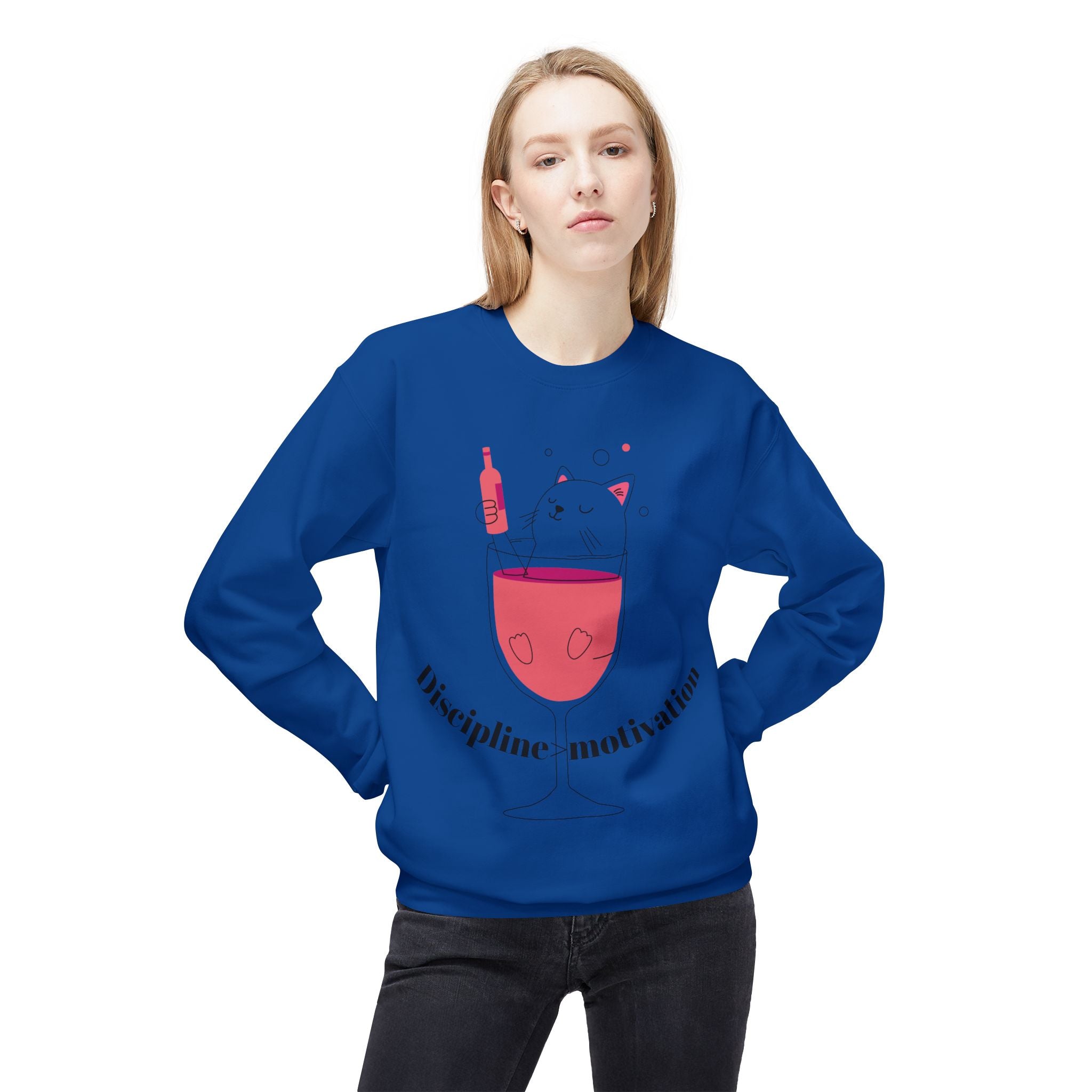 Cat in Wine Glass Crewneck Sweatshirt — "Discipline = Motivation" Cozy Graphic Pullover