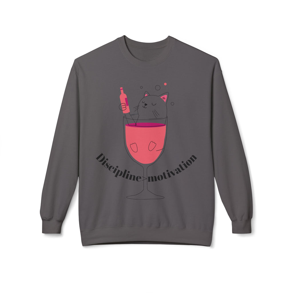Cat in Wine Glass Crewneck Sweatshirt — "Discipline = Motivation" Cozy Graphic Pullover