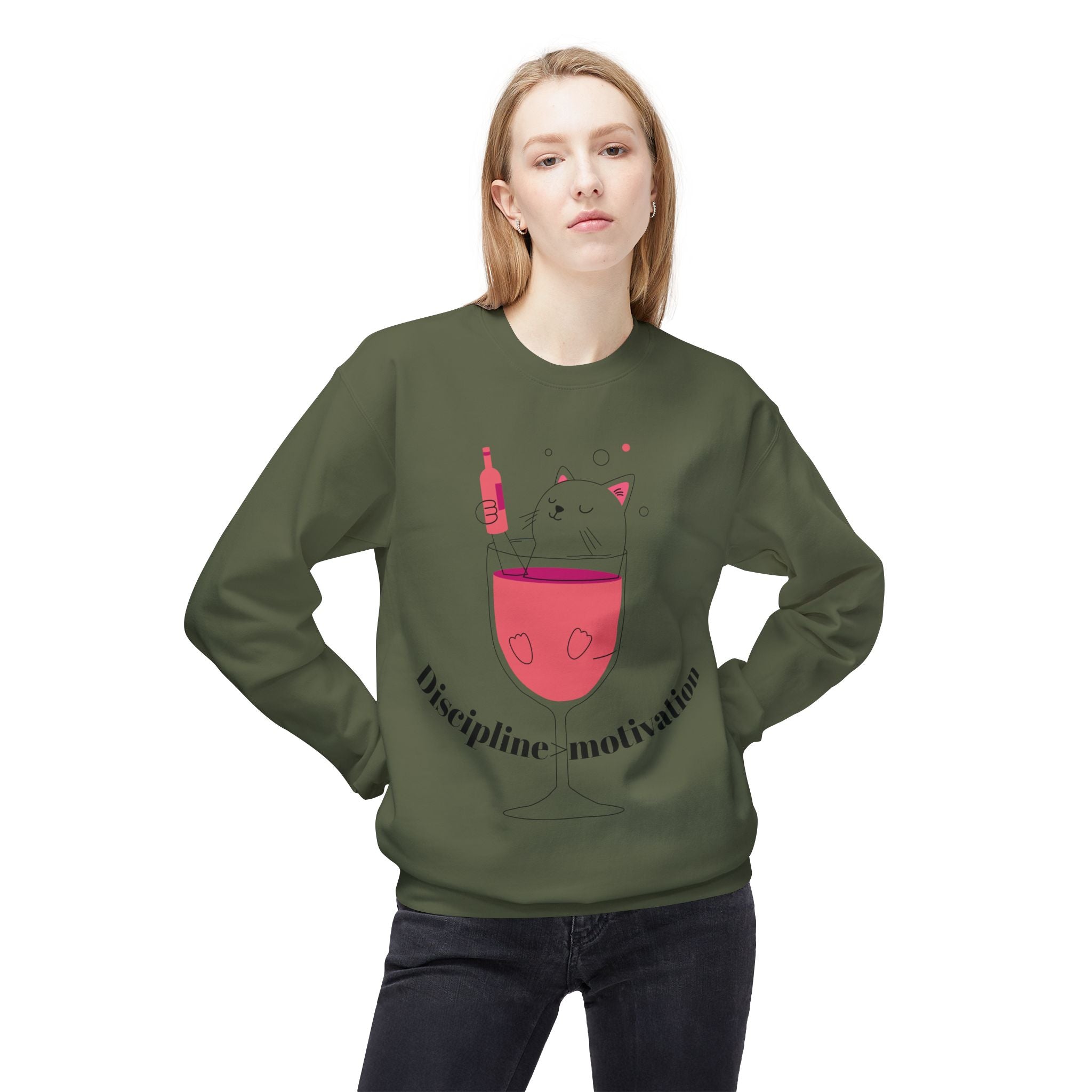 Cat in Wine Glass Crewneck Sweatshirt — "Discipline = Motivation" Cozy Graphic Pullover