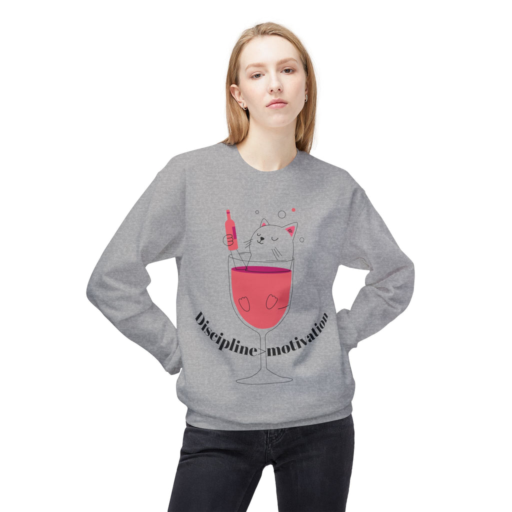 Cat in Wine Glass Crewneck Sweatshirt — "Discipline = Motivation" Cozy Graphic Pullover
