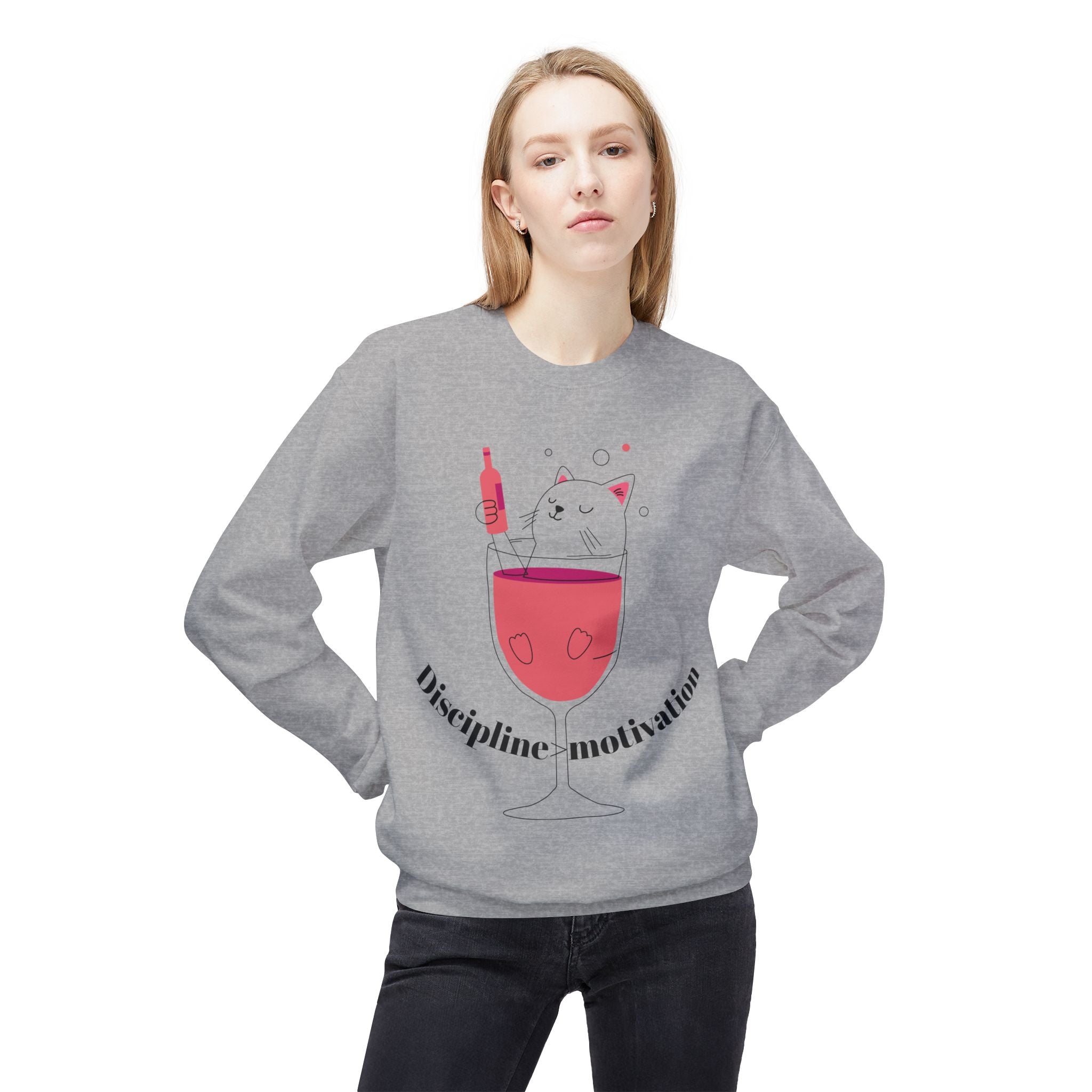 Cat in Wine Glass Crewneck Sweatshirt — "Discipline = Motivation" Cozy Graphic Pullover