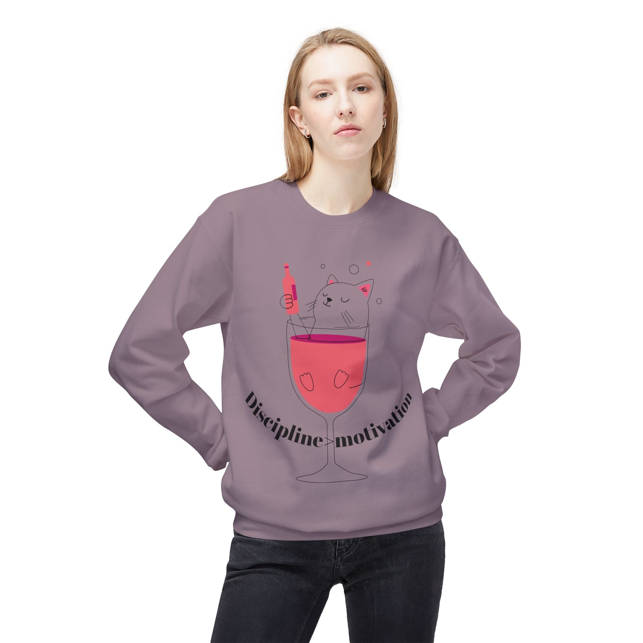 Cat in Wine Glass Crewneck Sweatshirt — "Discipline = Motivation" Cozy Graphic Pullover