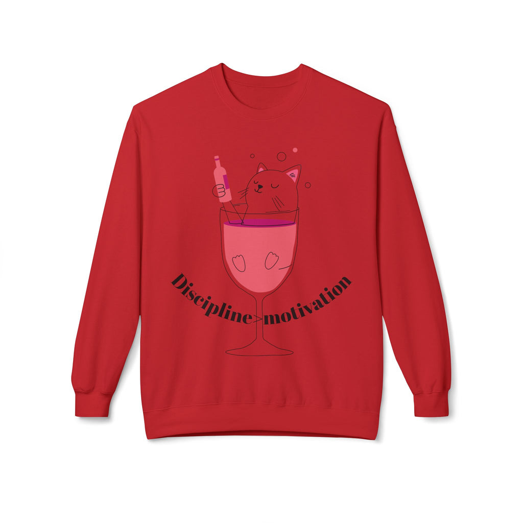 Cat in Wine Glass Crewneck Sweatshirt — "Discipline = Motivation" Cozy Graphic Pullover