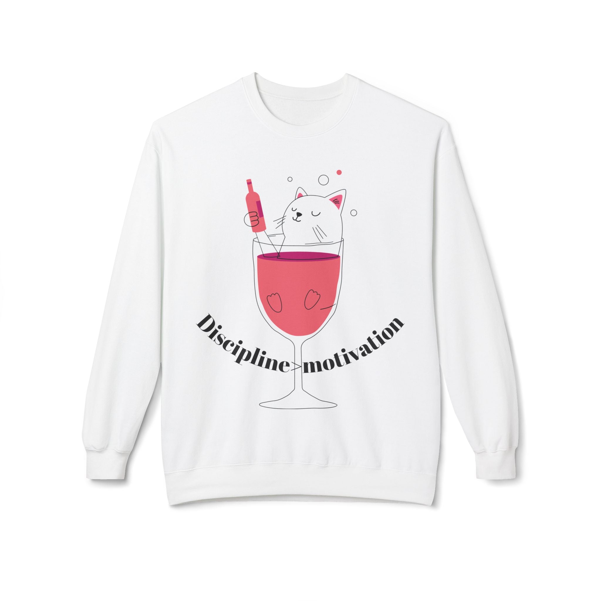 Cat in Wine Glass Crewneck Sweatshirt — "Discipline = Motivation" Cozy Graphic Pullover