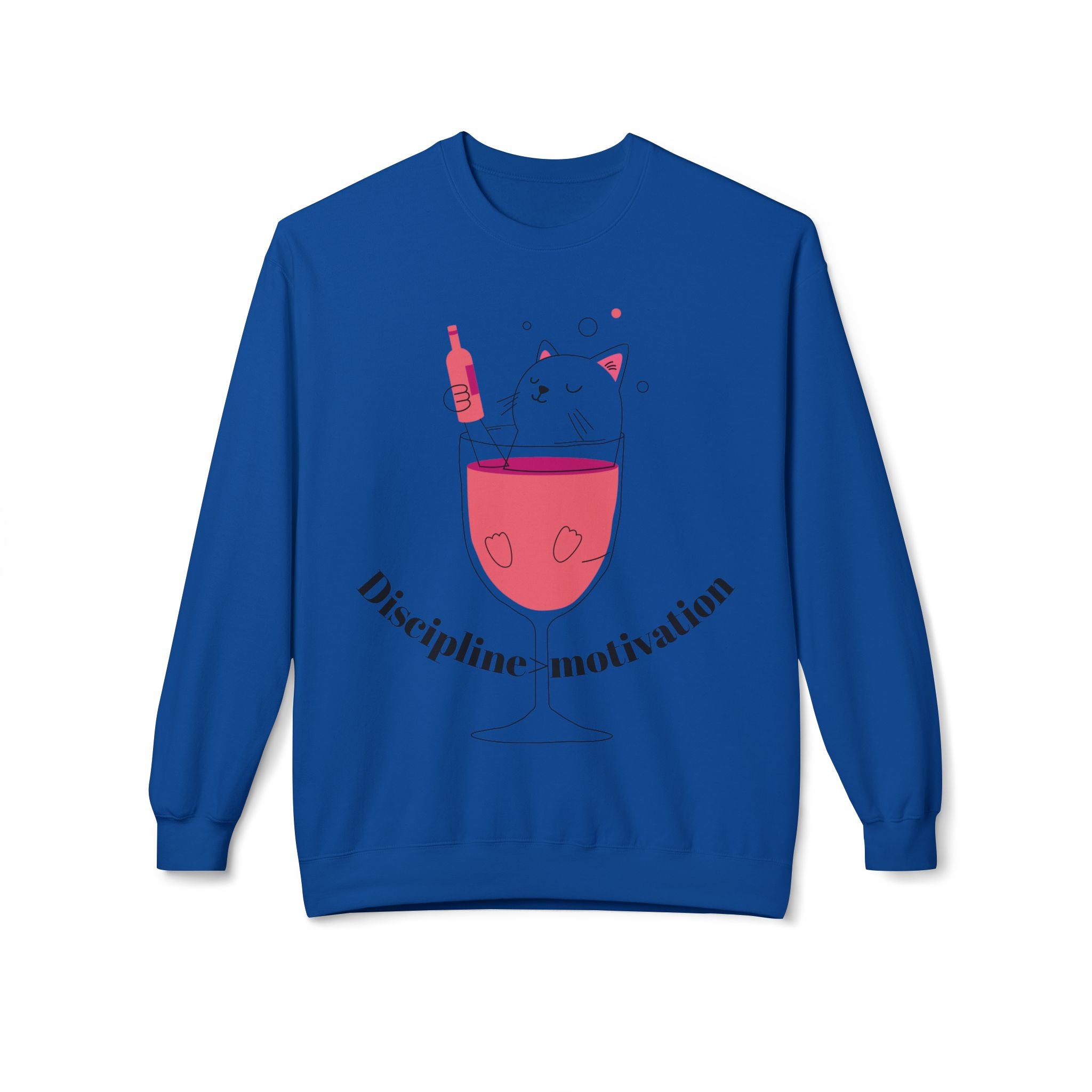 Cat in Wine Glass Crewneck Sweatshirt — "Discipline = Motivation" Cozy Graphic Pullover