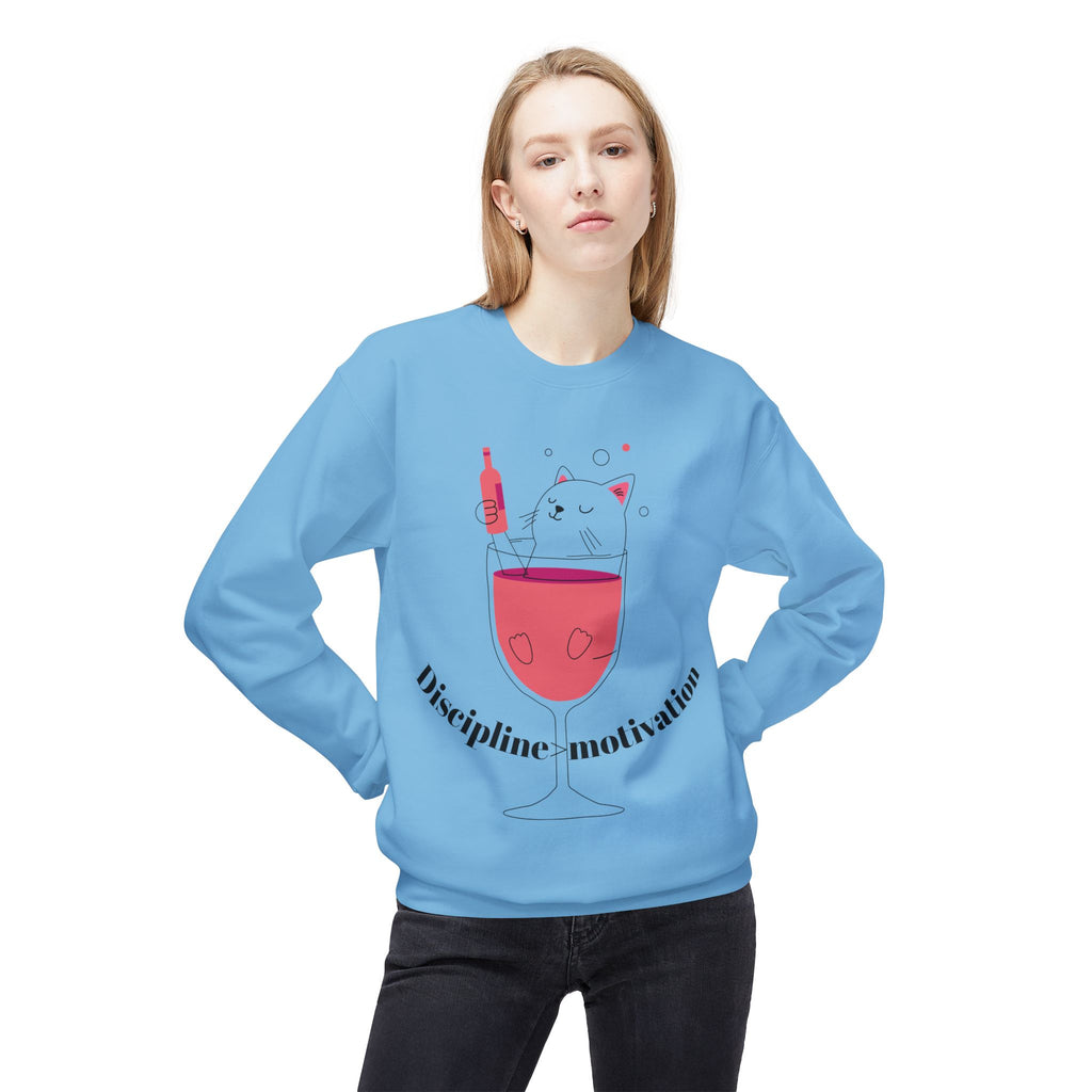 Cat in Wine Glass Crewneck Sweatshirt — "Discipline = Motivation" Cozy Graphic Pullover