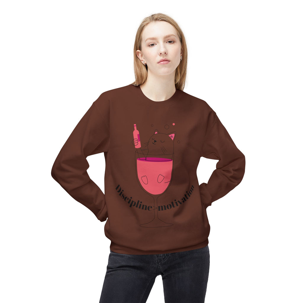 Cat in Wine Glass Crewneck Sweatshirt — "Discipline = Motivation" Cozy Graphic Pullover