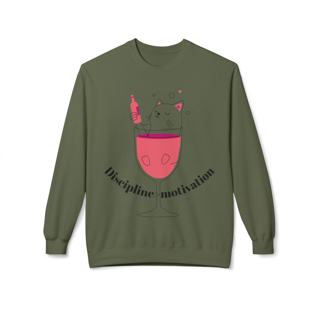 Cat in Wine Glass Crewneck Sweatshirt — "Discipline = Motivation" Cozy Graphic Pullover