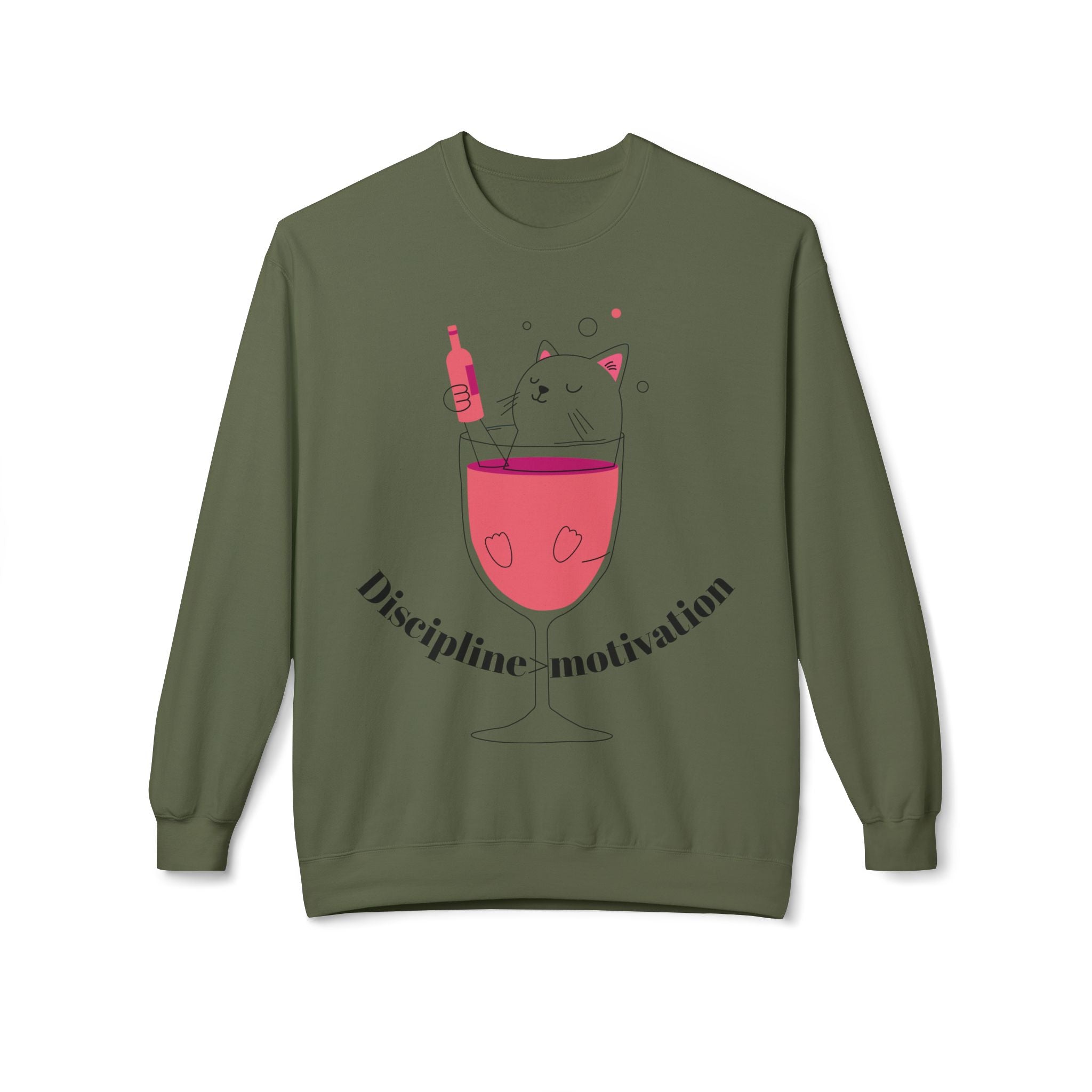 Cat in Wine Glass Crewneck Sweatshirt — "Discipline = Motivation" Cozy Graphic Pullover